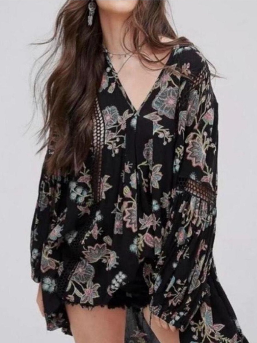 Free People Just The Two Of Us Tunic Top Size Small Black Floral